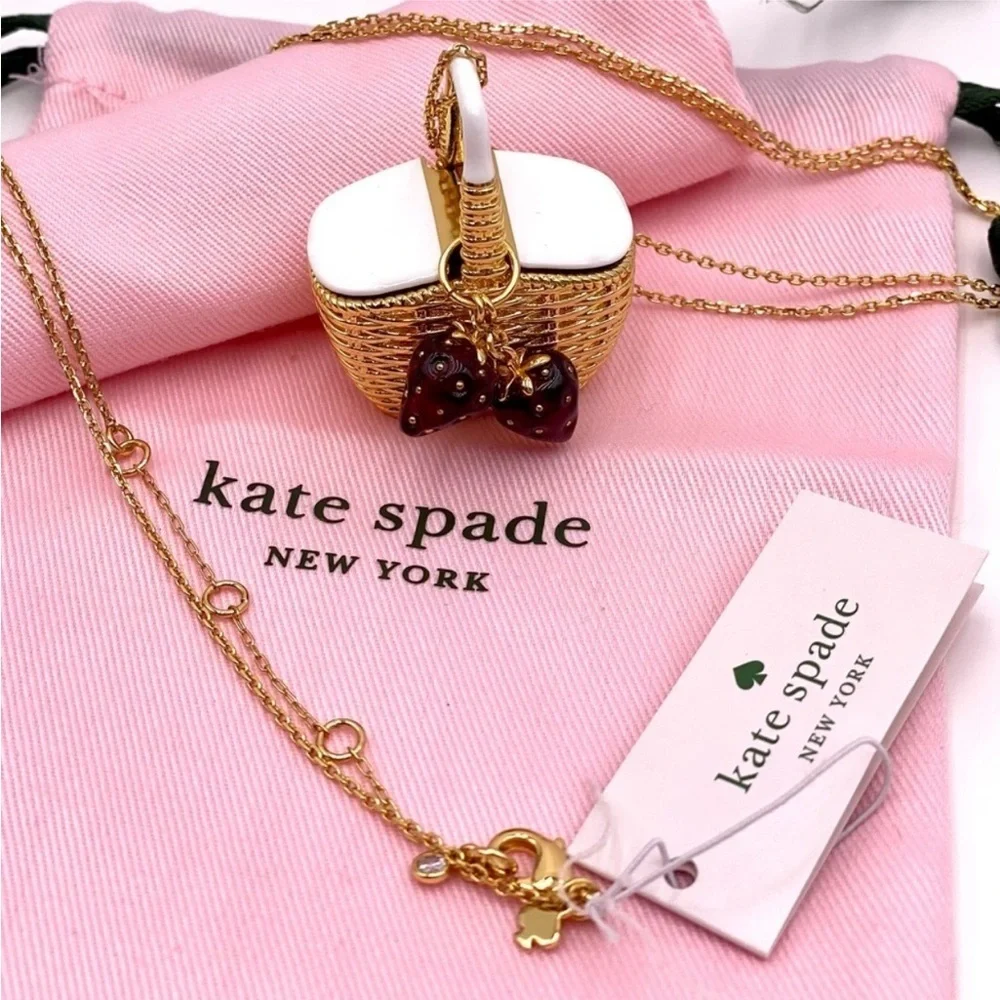 KATE SPADE Gold Picnic Basket Strawberry Long Pendant Statement Necklace